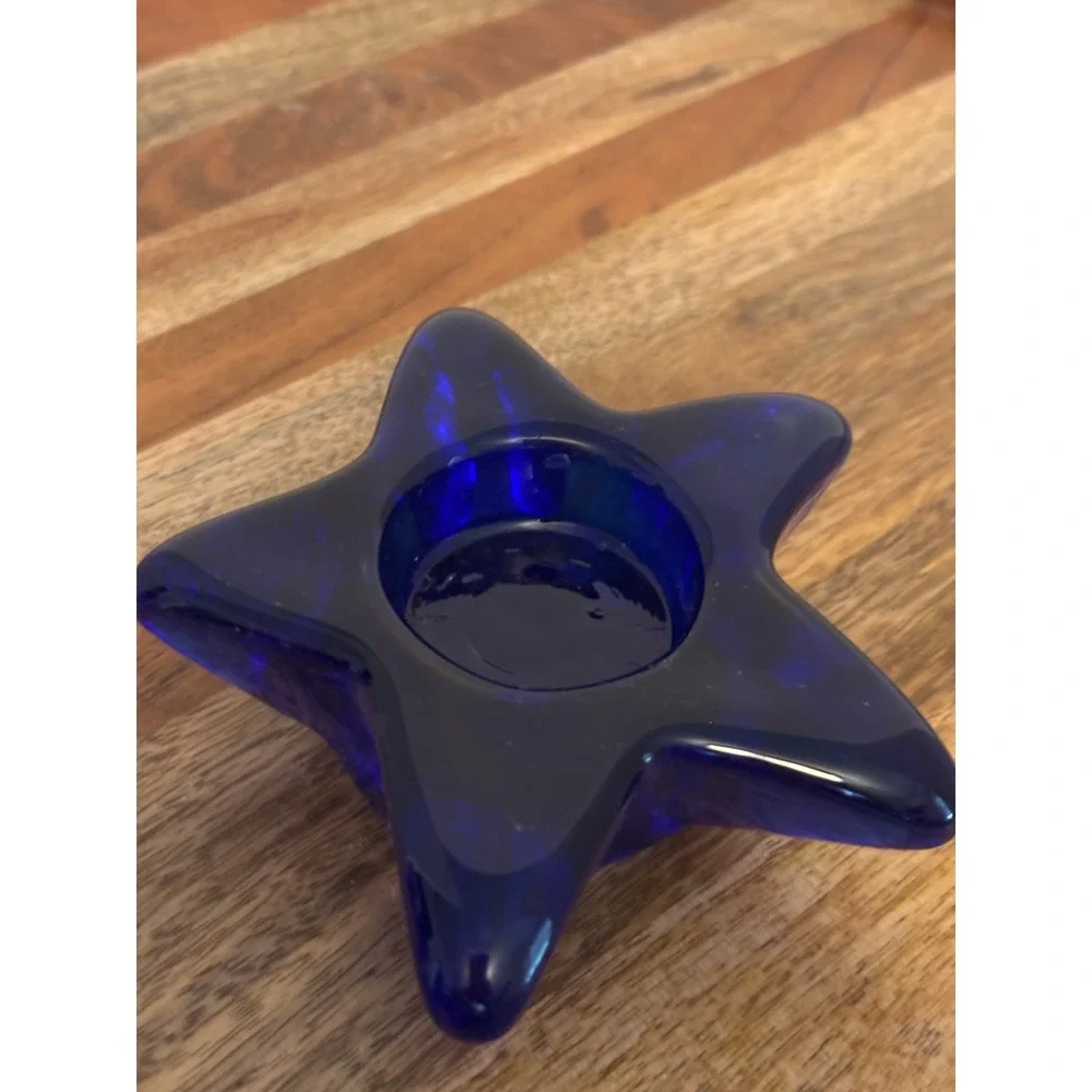 Cobalt Blue Glass Star Tealight Votive Candle Holder Celestial Home Decor 3.5in